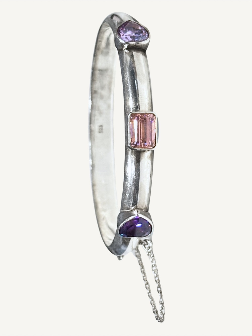 Sterling Silver Hinged Bangle Bracelet Purple Pink Lavendar Bezel Set Stones 925